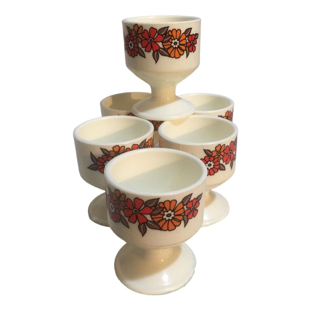 Vintage Plastic Egg Cups Germany Orange Flower Set of 6